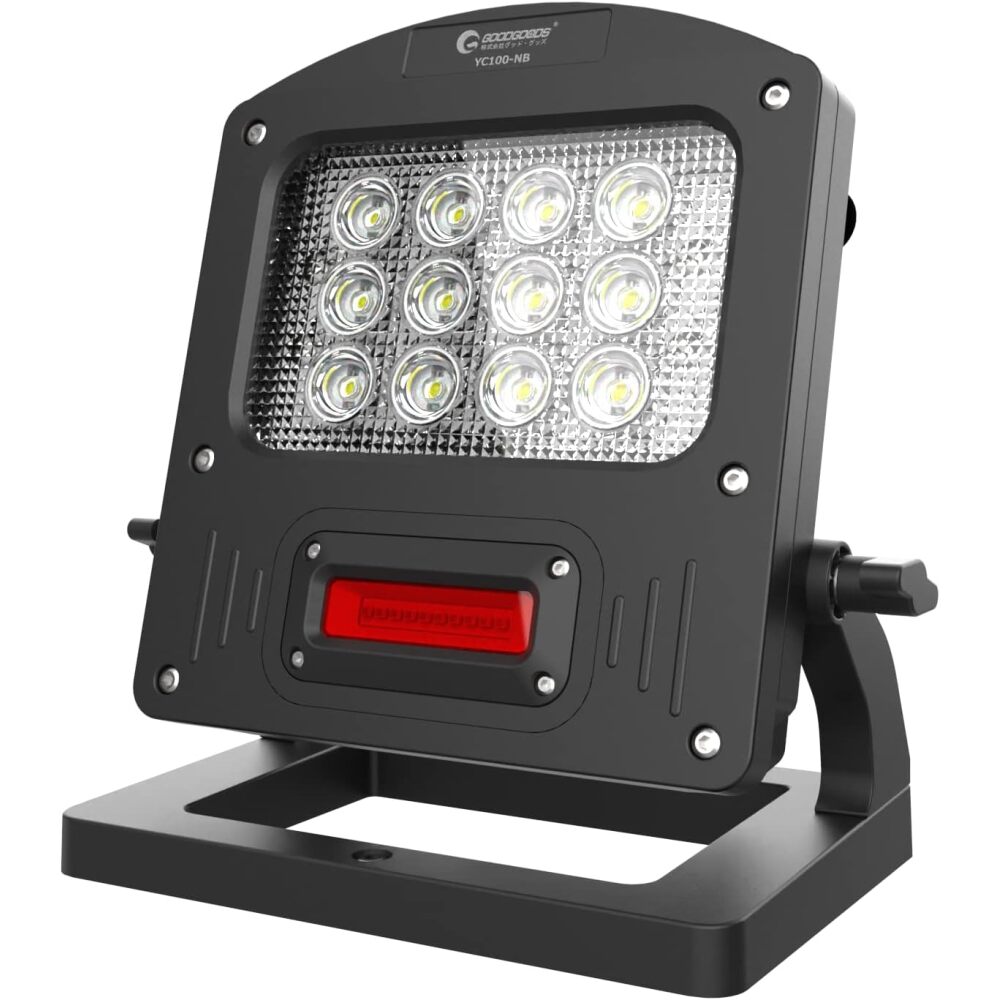 グッド・グッズ<br>型番：YC100-NB<br>充電式LED 100W 調光３モード 赤警告灯付き 充電/給電兼用